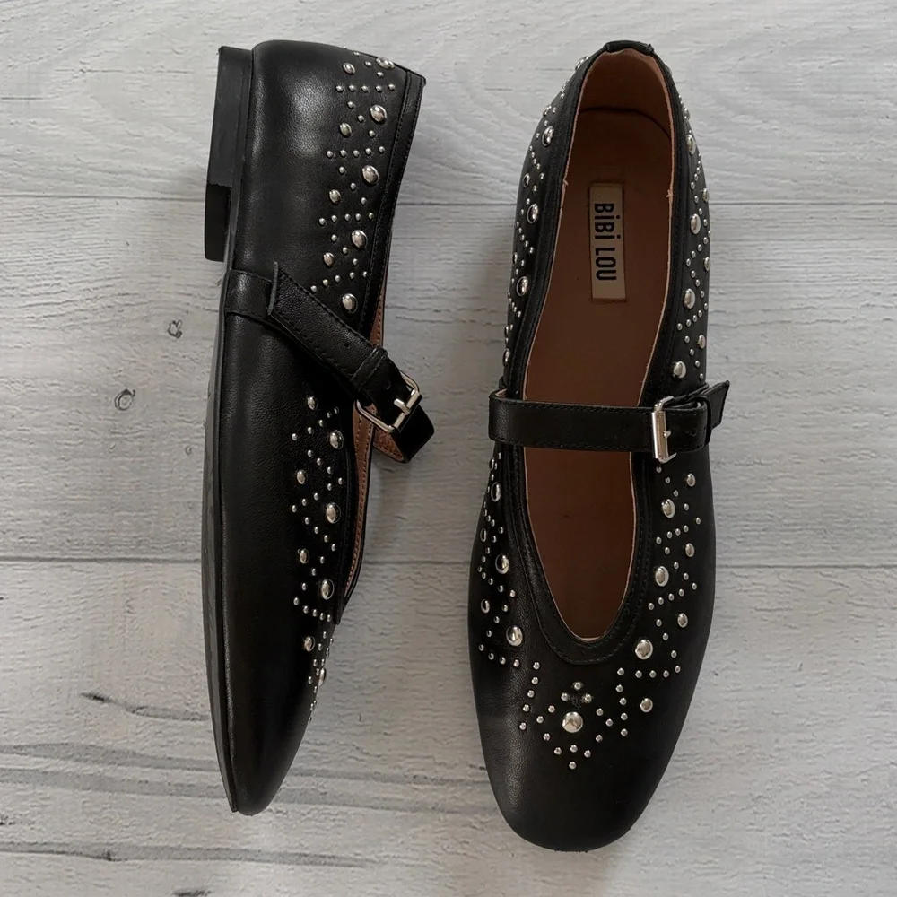 Anthropologie Bibi‎ Lou Studded Mary Jane Ballet Flats Size 39/US 8.5-9 Black